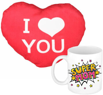 Bellatio Decorations Super mom - mok/beker - 300 ml - wit - incl. sierkussentje hart vorm - 12 cm