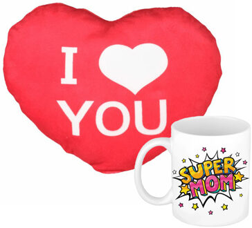 Bellatio Decorations Super mom - mok/beker - 300 ml - wit - incl. sierkussentje hart vorm - 15 cm