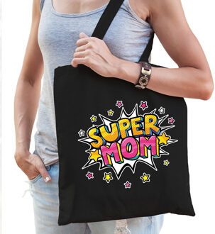 Bellatio Decorations Super mom popart katoenen tas zwart voor dames - cadeau tasjes - Feest Boodschappentassen