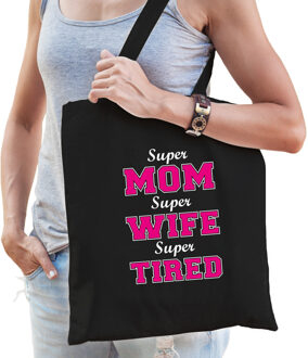 Bellatio Decorations Super mom wife tired Katoenen moeder cadeau tasje zwart voor dames