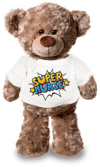 Bellatio Decorations Super nurse/ zuster pluche teddybeer knuffel 24 cm wit t-shirt - Knuffelberen Multikleur