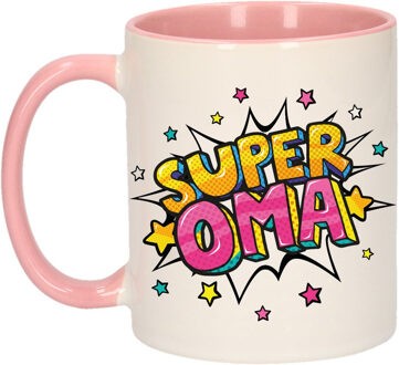 Bellatio Decorations Super oma cadeau koffiemok - theebeker - wit en roze met sterren - 300 ml - keramiek - Moederdag