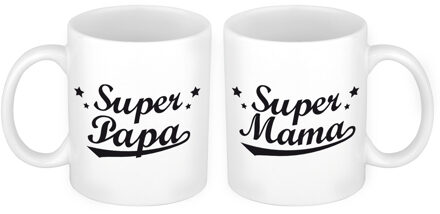 Bellatio Decorations Super papa en mama mok - Cadeau beker set voor Papa en Mama