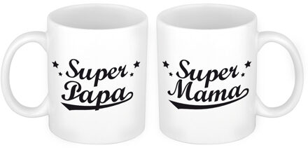 Bellatio Decorations Super papa en mama mok - Vaderdag en moederdag cadeau - feest mokken Zwart