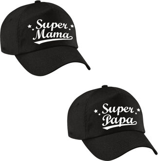 Bellatio Decorations Super papa en Super mama petje zwart - Cadeau petten set voor Papa en Mama
