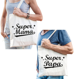 Bellatio Decorations Super papa en Super mama tasje - Cadeau tassen set voor Papa en Mama Beige