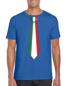 Bellatio Decorations Supporters T-shirt - blauw - met vlag Italie kleuren stropdas - heren - korte mouw