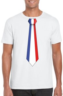 Bellatio Decorations Supporters T-shirt - wit - met vlag Frankrijk kleuren stropdas - heren - korte mouw