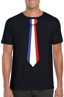 Bellatio Decorations Supporters T-shirt - zwart - met vlag Frankrijk kleuren stropdas - heren - korte mouw