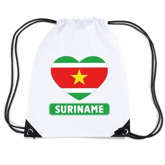 Bellatio Decorations Suriname nylon rijgkoord rugzak/ sporttas wit met Surinaamse vlag in hart