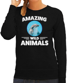 Bellatio Decorations Sweater dolfijnen amazing wild animals / dieren trui zwart voor dames 2XL