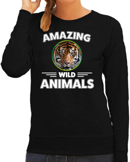 Bellatio Decorations Sweater tijgers amazing wild animals / dieren trui zwart voor dames 2XL