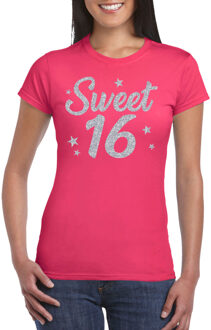 Bellatio Decorations Sweet 16 zilver glitter cadeau t-shirt roze dames - dames shirt 16 jaar - verjaardag kleding 2XL