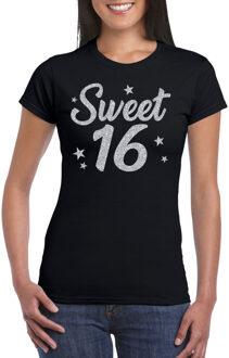 Bellatio Decorations Sweet 16 zilver glitter cadeau t-shirt zwart dames - dames shirt 16 jaar - verjaardag kleding / outfit 2XL