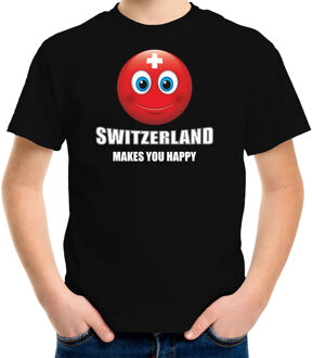 Bellatio Decorations Switzerland makes you happy landen t-shirt Zwitserland zwart voor kinderen met Emoticon L (146-152)