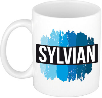 Bellatio Decorations Sylvian naam cadeau koffie mok - beker - met blauw verfstrepen - Cadeau collega - vaderdag