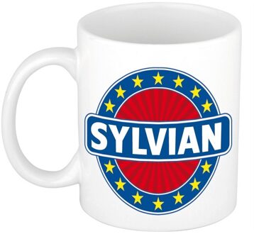 Bellatio Decorations Sylvian voornaam koffiemok - beker - wit/blauw - 300 ml - Cadeau - Heren - Collega - Vaderdag Multi