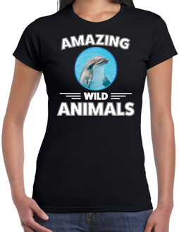 Bellatio Decorations T-shirt dolfijnen amazing wild animals / dieren zwart voor dames L