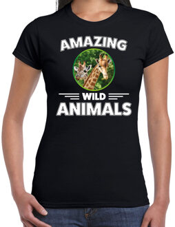 Bellatio Decorations T-shirt giraffen amazing wild animals / dieren zwart voor dames XS