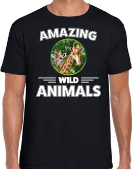 Bellatio Decorations T-shirt giraffen amazing wild animals / dieren zwart voor heren 2XL