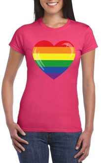 Bellatio Decorations T-shirt met hartjes Regenboog vlag - Pride thema - roze - voor dames - korte mouwen