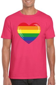 Bellatio Decorations T-shirt met Regenboog vlag in hart roze heren 2XL