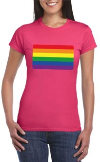 Bellatio Decorations T-shirt met Regenboog vlag roze dames 2XL