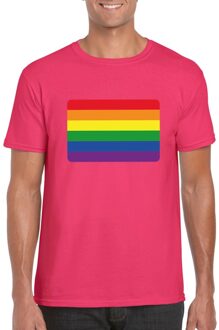 Bellatio Decorations T-shirt met Regenboog vlag roze heren 2XL