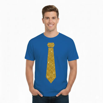 Bellatio Decorations T-shirt met stropdas print goud - heren - blauw - feestelijke shirts - glitter - glamour