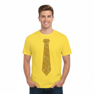 Bellatio Decorations T-shirt met stropdas print goud - heren - geel - feestelijke shirts - glitter - glamour M