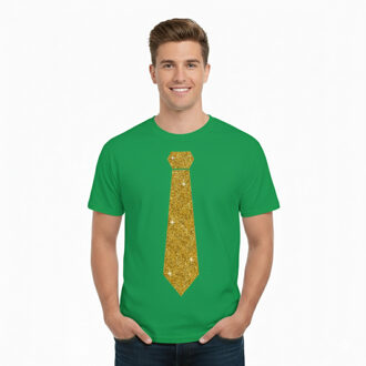 Bellatio Decorations T-shirt met stropdas print goud - heren - groen - feestelijke shirts - glitter - glamour S