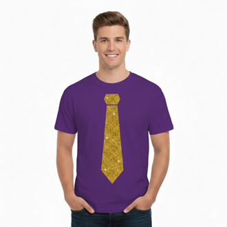 Bellatio Decorations T-shirt met stropdas print goud - heren - paars - feestelijke shirts - glitter - glamour M