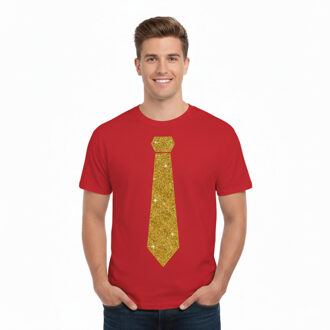 Bellatio Decorations T-shirt met stropdas print goud - heren - rood - feestelijke shirts - glitter - glamour 2XL