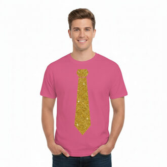 Bellatio Decorations T-shirt met stropdas print goud - heren - roze - feestelijke shirts - glitter - glamour