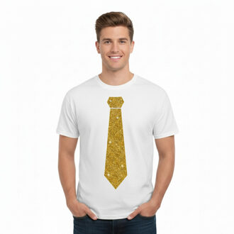 Bellatio Decorations T-shirt met stropdas print goud - heren - wit - feestelijke shirts - glitter - glamour XL