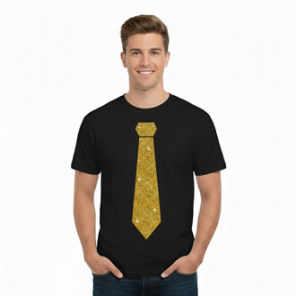 Bellatio Decorations T-shirt met stropdas print goud - heren - zwart - feestelijke shirts - glitter - glamour