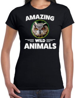 Bellatio Decorations T-shirt uilen amazing wild animals / dieren zwart voor dames 2XL