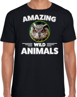 Bellatio Decorations T-shirt uilen amazing wild animals / dieren zwart voor heren 2XL