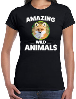 Bellatio Decorations T-shirt vossen amazing wild animals / dieren zwart voor dames L