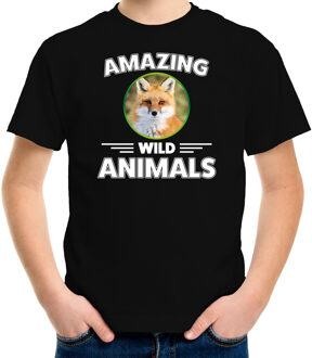 Bellatio Decorations T-shirt vossen amazing wild animals / dieren zwart voor kinderen XL (158-164)