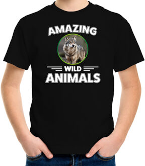 Bellatio Decorations T-shirt wolven amazing wild animals / dieren zwart voor kinderen M (134-140)
