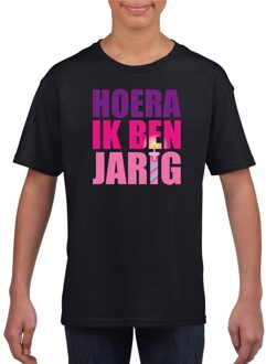 Bellatio Decorations T-shirt zwart voor meisjes hoera ik ben jarig roze tekst L (146-152)