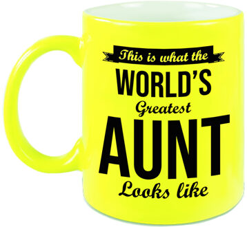 Bellatio Decorations Tante cadeau mok / beker neon geel This is what the Worlds Greatest Aunt looks like - feest mokken