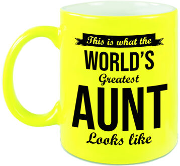 Bellatio Decorations Tante cadeau mok / beker neon geel This is what the Worlds Greatest Aunt looks like