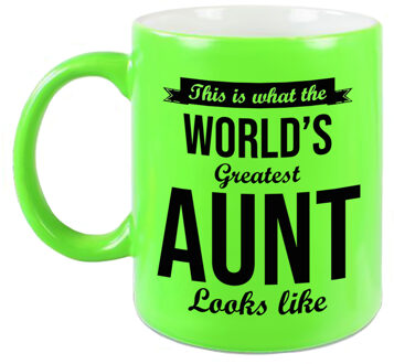 Bellatio Decorations Tante cadeau mok / beker neon groen This is what the Worlds Greatest Aunt looks like - feest mokken