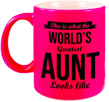 Bellatio Decorations Tante cadeau mok / beker neon roze This is what the Worlds Greatest Aunt looks like - feest mokken