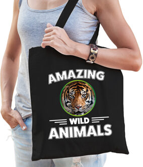 Bellatio Decorations Tasje tijgers amazing wild animals / dieren zwart voor volwassenen en kinderen - Feest Boodschappentassen