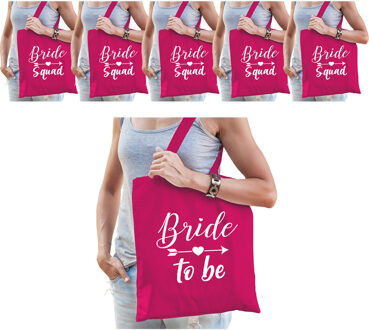 Bellatio Decorations Tasjes vrijgezellenfeest vrouw - 1x Bride to Be roze + 5x Bride Squad roze