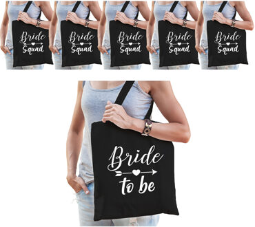 Bellatio Decorations Tasjes vrijgezellenfeest vrouw - 1x Bride to Be zwart + 5x Bride Squad zwart