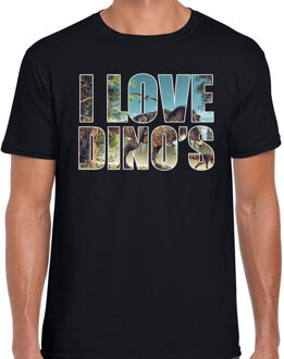 Bellatio Decorations Tekst shirt I love dinosaurs met dieren foto van een dino zwart voor heren - cadeau t-shirt T-Rex dinosauriers liefhebber 2XL